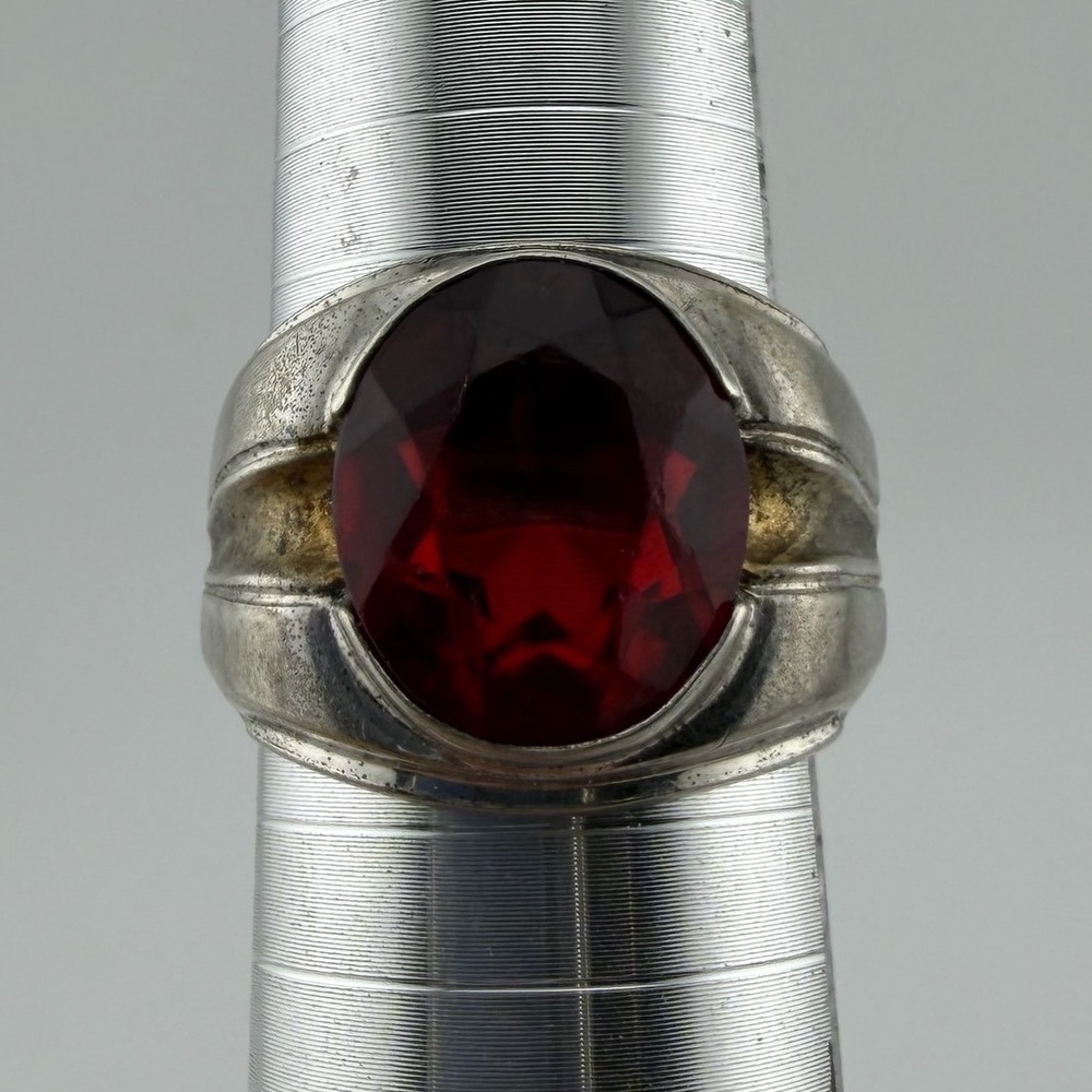 Osbee Vintage Mens Signet Ring Size 10.5 Sterling Silver Red Stone Statement